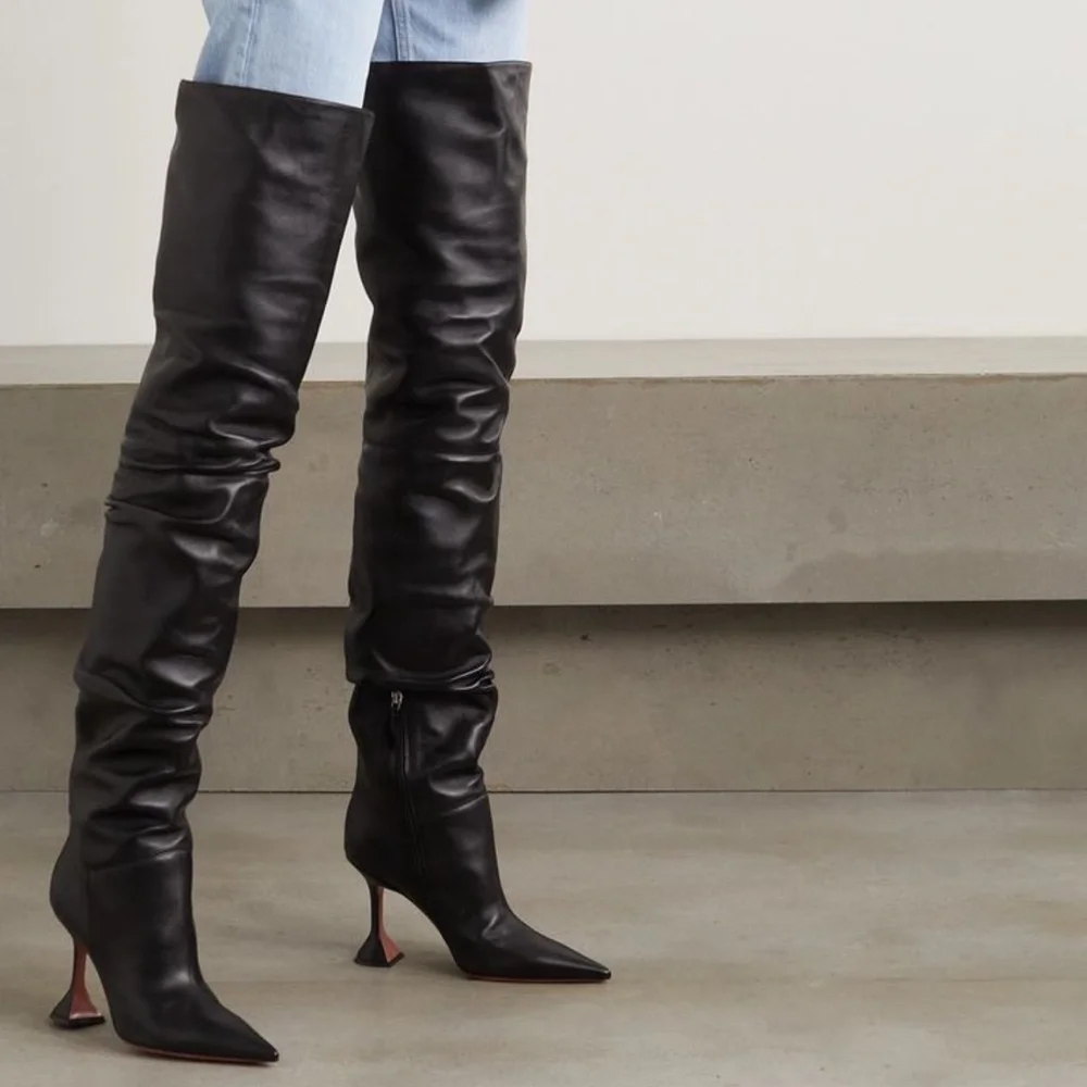 Amina Muaddi Leather Black Over-the-Knee Olivia Boots. EU 38 size, true to size! - Picture 1 of 16